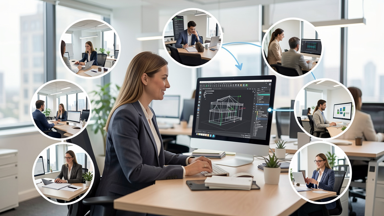 Interior designer working on space planning drawings and 3D visualization